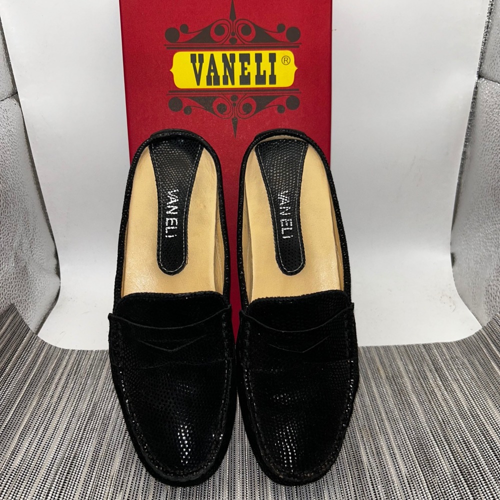 Vaneli Black Textured Leather Penny Loafer Mules Womens Size 6M Slip On Shoes